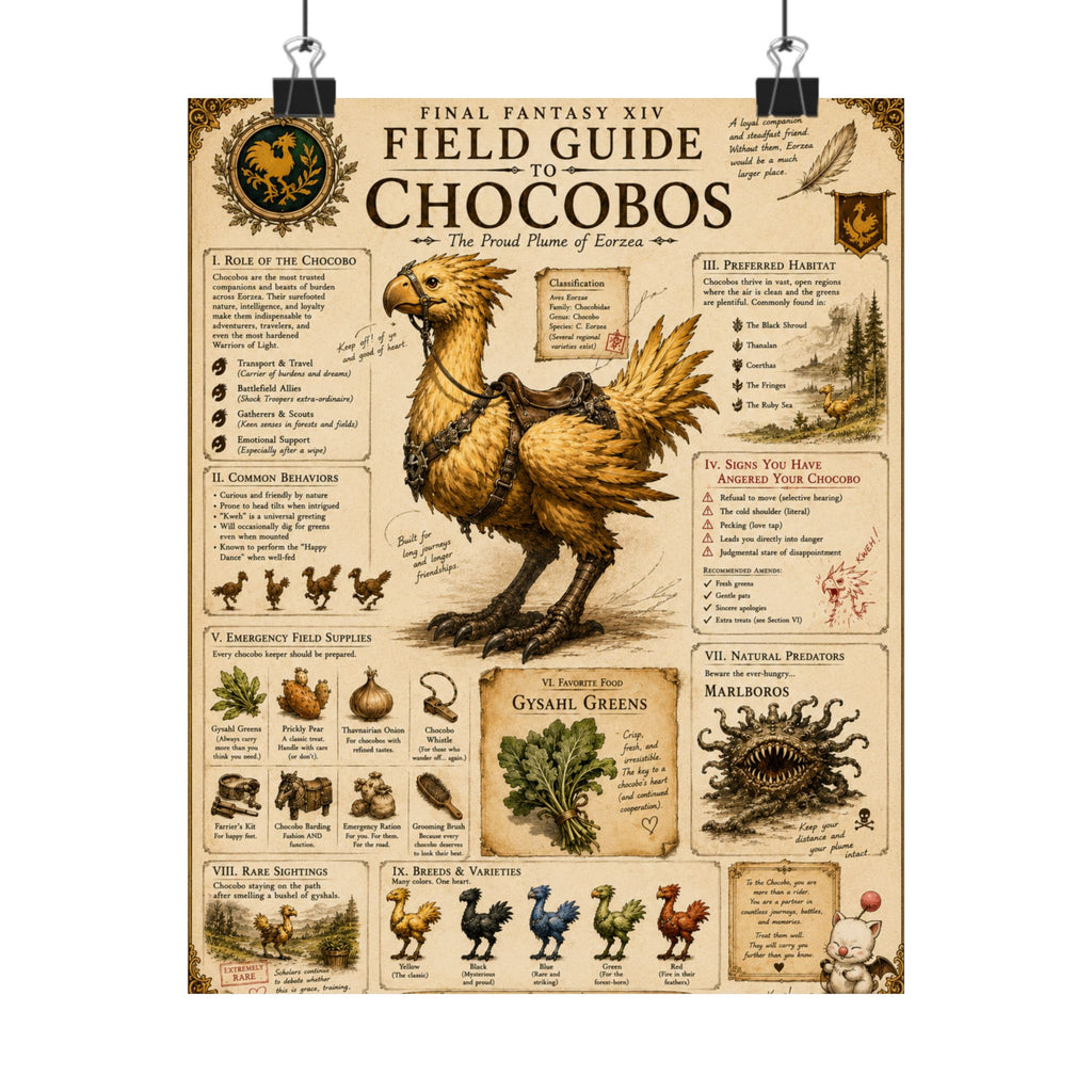 Chocobo Field Guide Matte Poster — Vintage Final Fantasy XIV Creature Chart