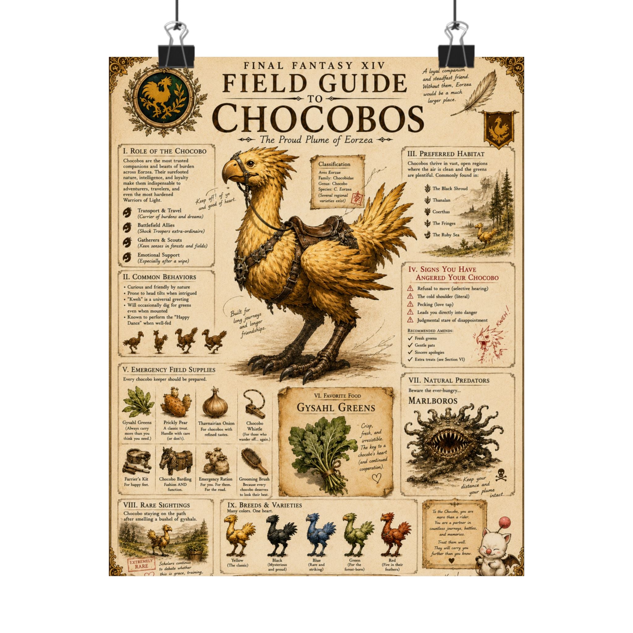 Chocobo Field Guide Matte Poster — Vintage Final Fantasy XIV Creature Chart