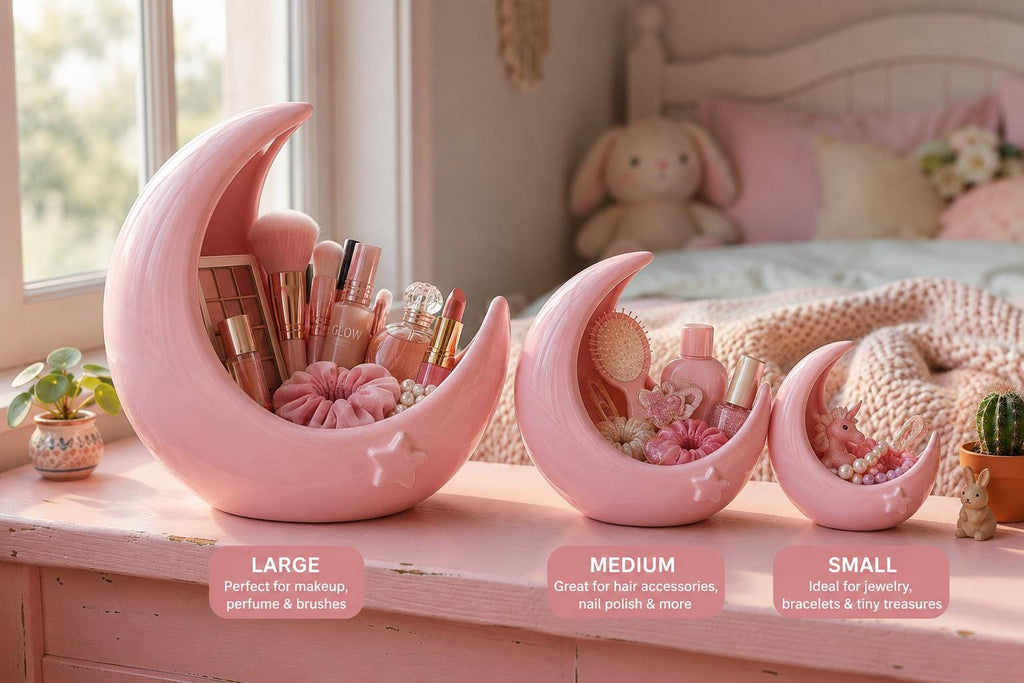3 Piece Set - Crescent Moon Jewelry Tray, Pink Vanity Tray, Feminine Jewelry Holder, Kawaii Room Decor, Gift for Her, Cute Decor