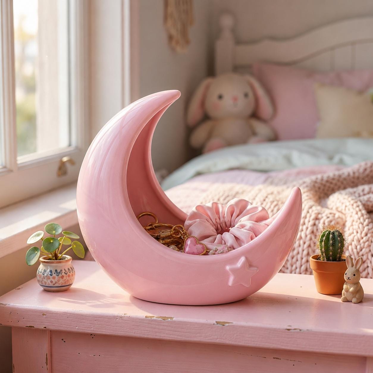 3 Piece Set - Crescent Moon Jewelry Tray, Pink Vanity Tray, Feminine Jewelry Holder, Kawaii Room Decor, Gift for Her, Cute Decor
