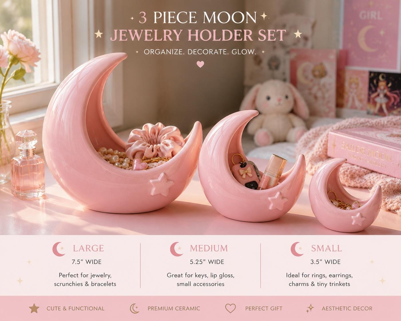 3 Piece Set - Crescent Moon Jewelry Tray, Pink Vanity Tray, Feminine Jewelry Holder, Kawaii Room Decor, Gift for Her, Cute Decor
