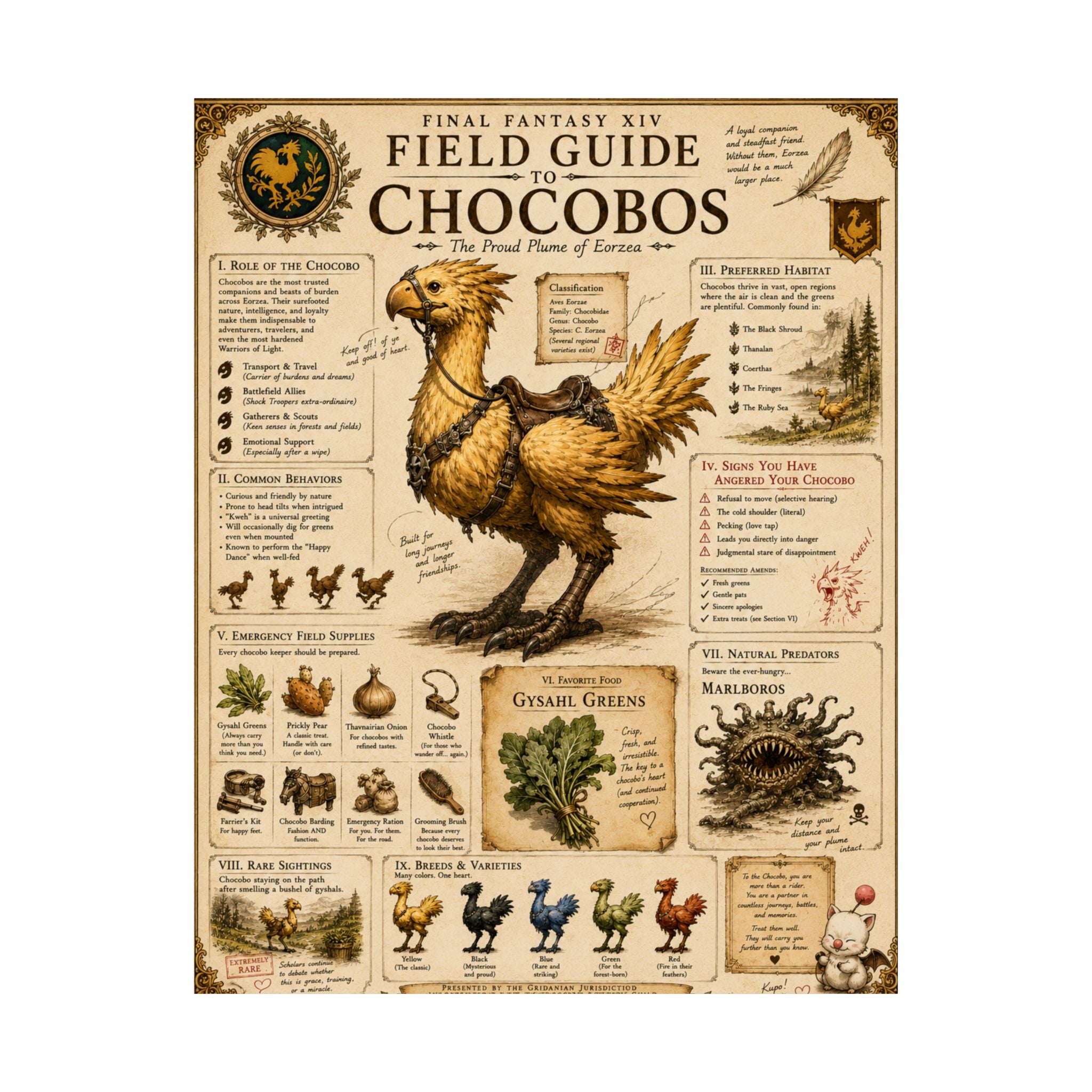 Chocobo Field Guide Matte Poster — Vintage Final Fantasy XIV Creature Chart