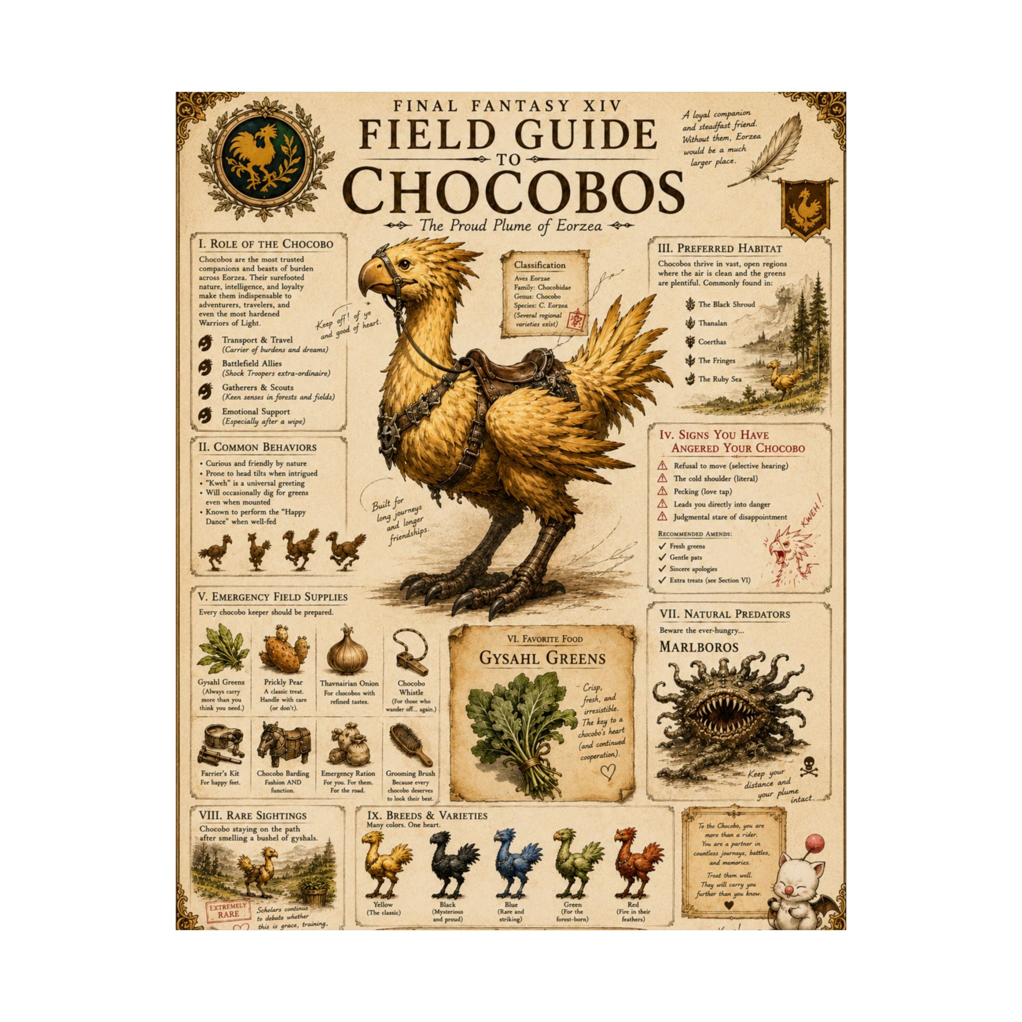 Chocobo Field Guide Matte Poster — Vintage Final Fantasy XIV Creature Chart