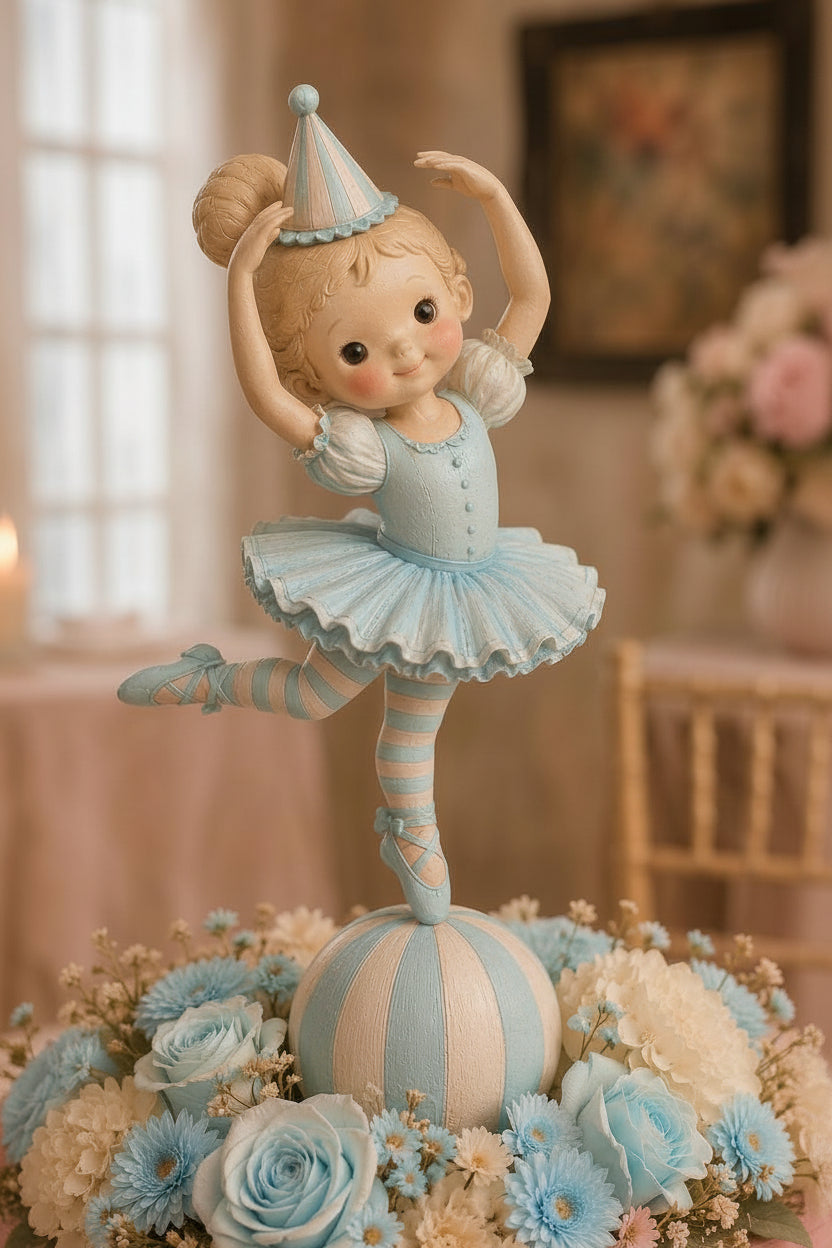 Decorative centerpiece with a ballerina figurine and floral arrangement on a table magikapop