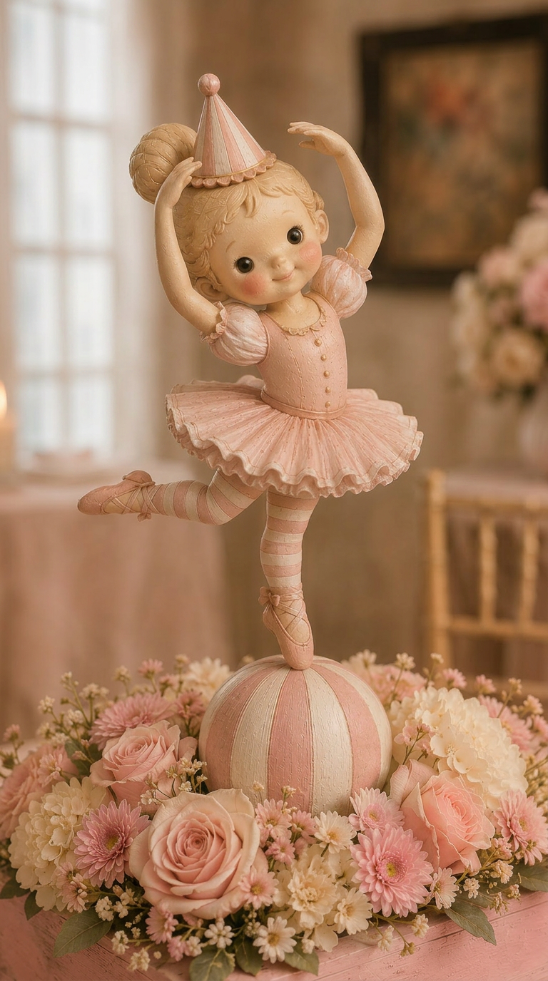 Decorative centerpiece with a ballerina figurine and floral arrangement on a table magikapop