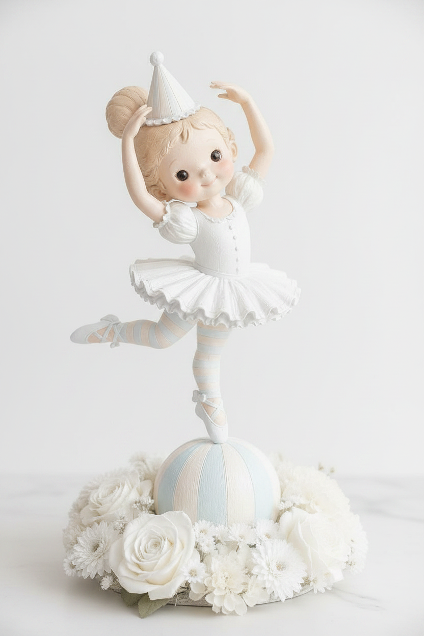 Decorative centerpiece with a ballerina figurine and floral arrangement on a table- magikapop