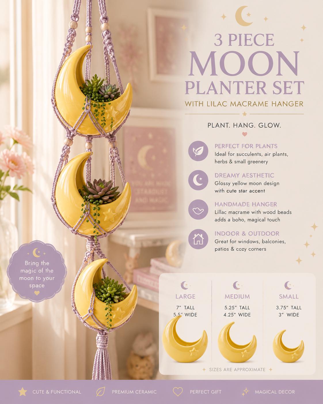 Celestial Moon and Star Planter Pot, 4 piece set Cute Moon Decor, Succulent Holder, Party Centerpiece, Pastel Room Decor, Gift Idea