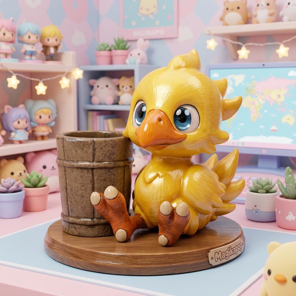 Chocobo Inspired Pen Holder – Hand Painted Desk Organizer – Cute Kawaii Pencil Holder – Gamer Desk Decor Gift - MagikaPop