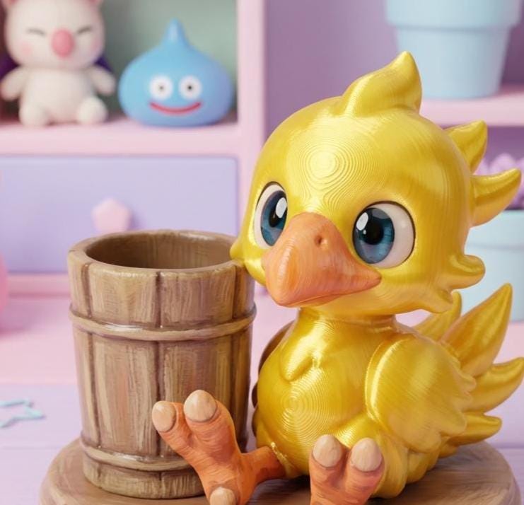 Chocobo Inspired Pen Holder – Hand Painted Desk Organizer – Cute Kawaii Pencil Holder – Gamer Desk Decor Gift - MagikaPop