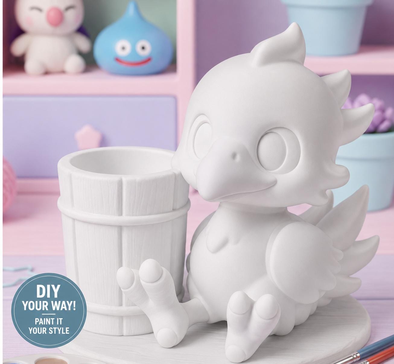 Chocobo Inspired Pen Holder – Hand Painted Desk Organizer – Cute Kawaii Pencil Holder – Gamer Desk Decor Gift - MagikaPop