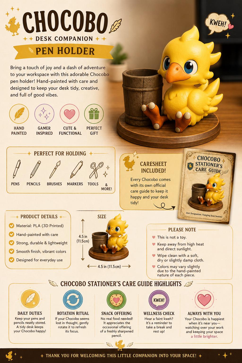 Chocobo Inspired Pen Holder – Hand Painted Desk Organizer – Cute Kawaii Pencil Holder – Gamer Desk Decor Gift - MagikaPop