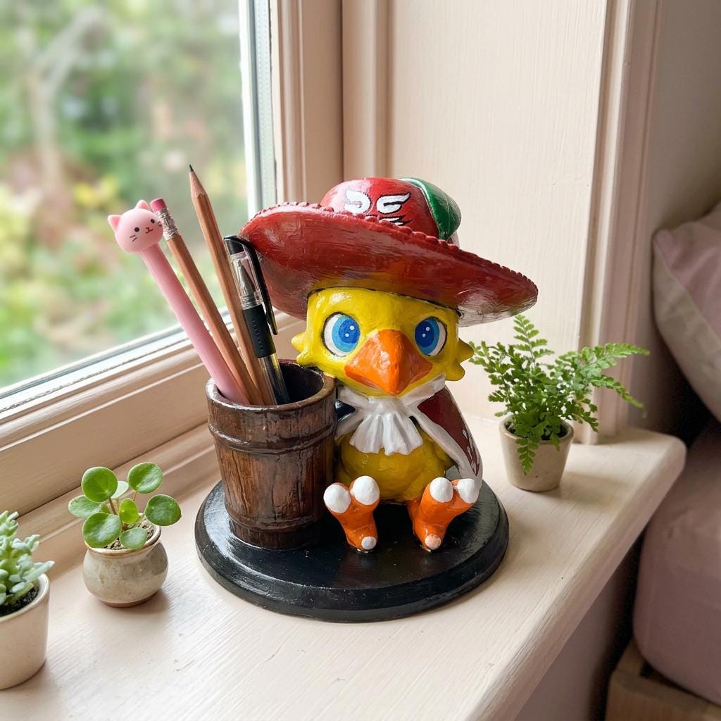 Fantasy Chocobo Pencil Holder, Desk Decor, Kawaii Decor, Retro Gaming, Workspace Organizer, Cute