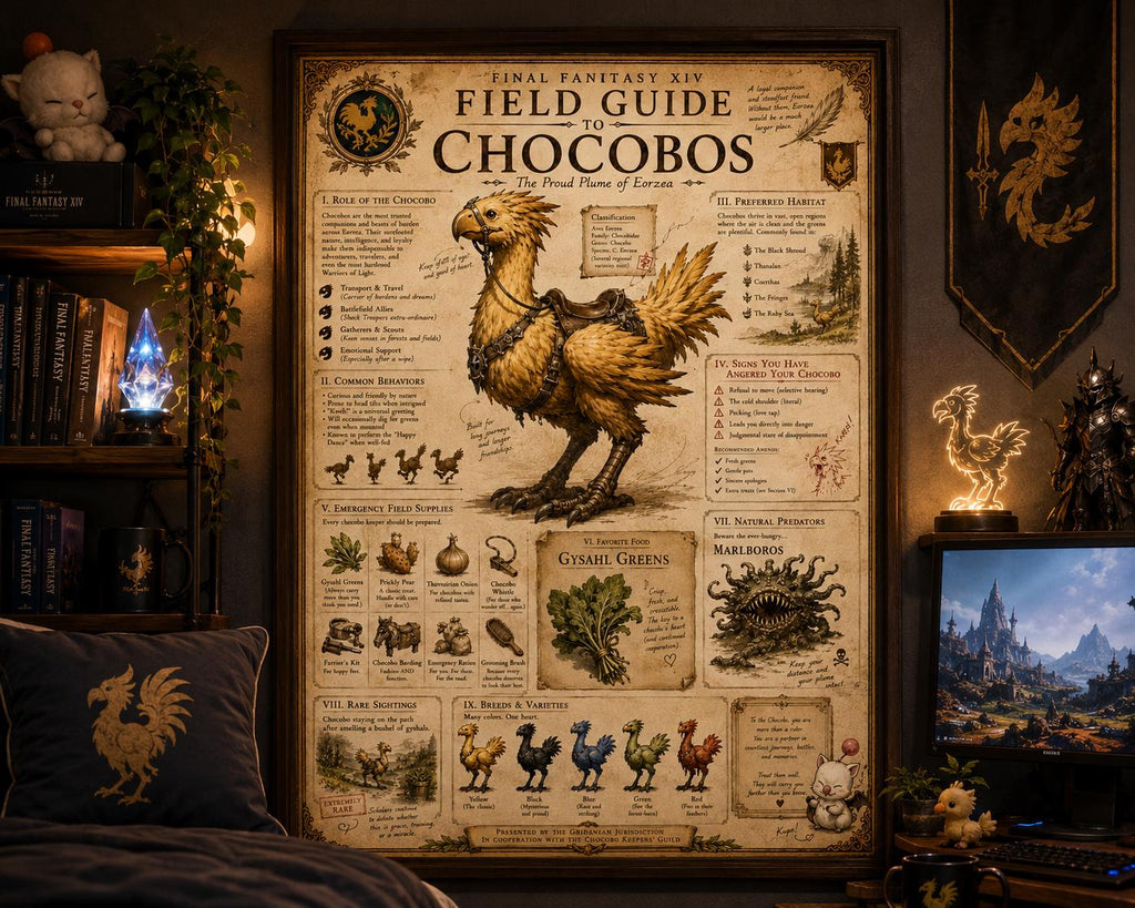 Final Fantasy Chocobo Field Guide Print | Eorzea Inspired Wall Art, Retro Gaming Decor (12x24)