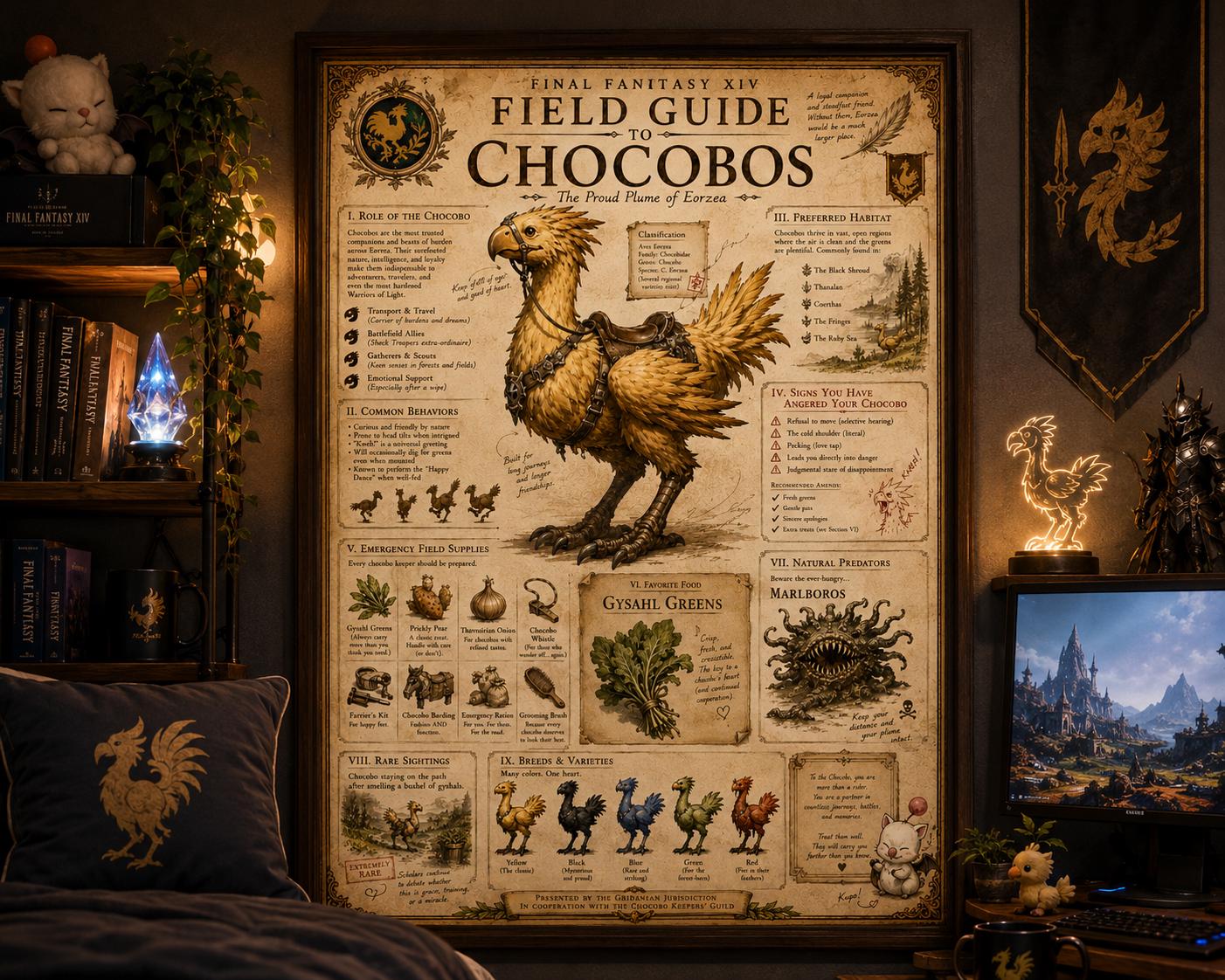 Final Fantasy Chocobo Field Guide Print | Eorzea Inspired Wall Art, Retro Gaming Decor (12x24)
