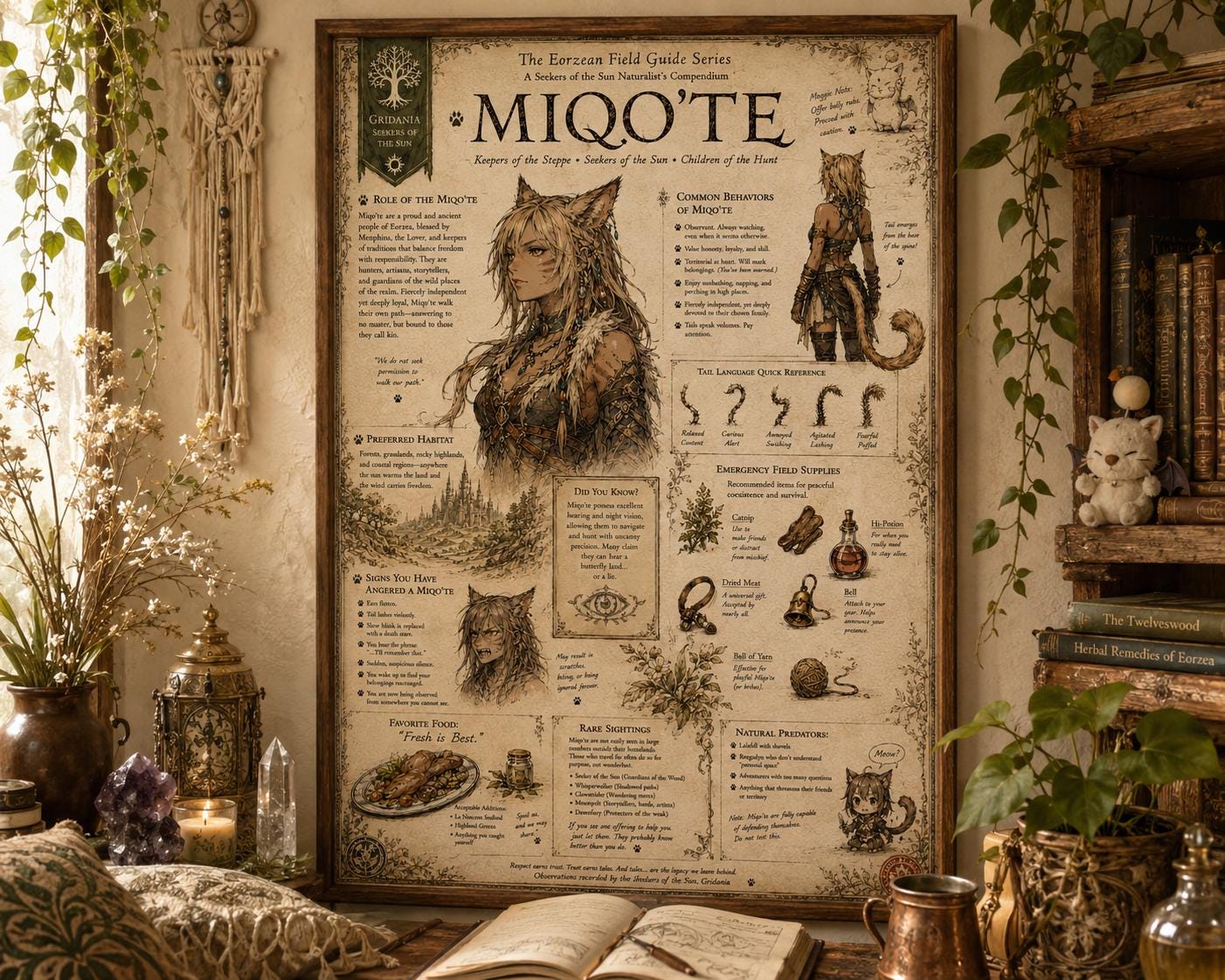 Final Fantasy Miqo'te Field Guide Print | Eorzea Inspired Wall Art , Retro Gaming Decor (16x24)