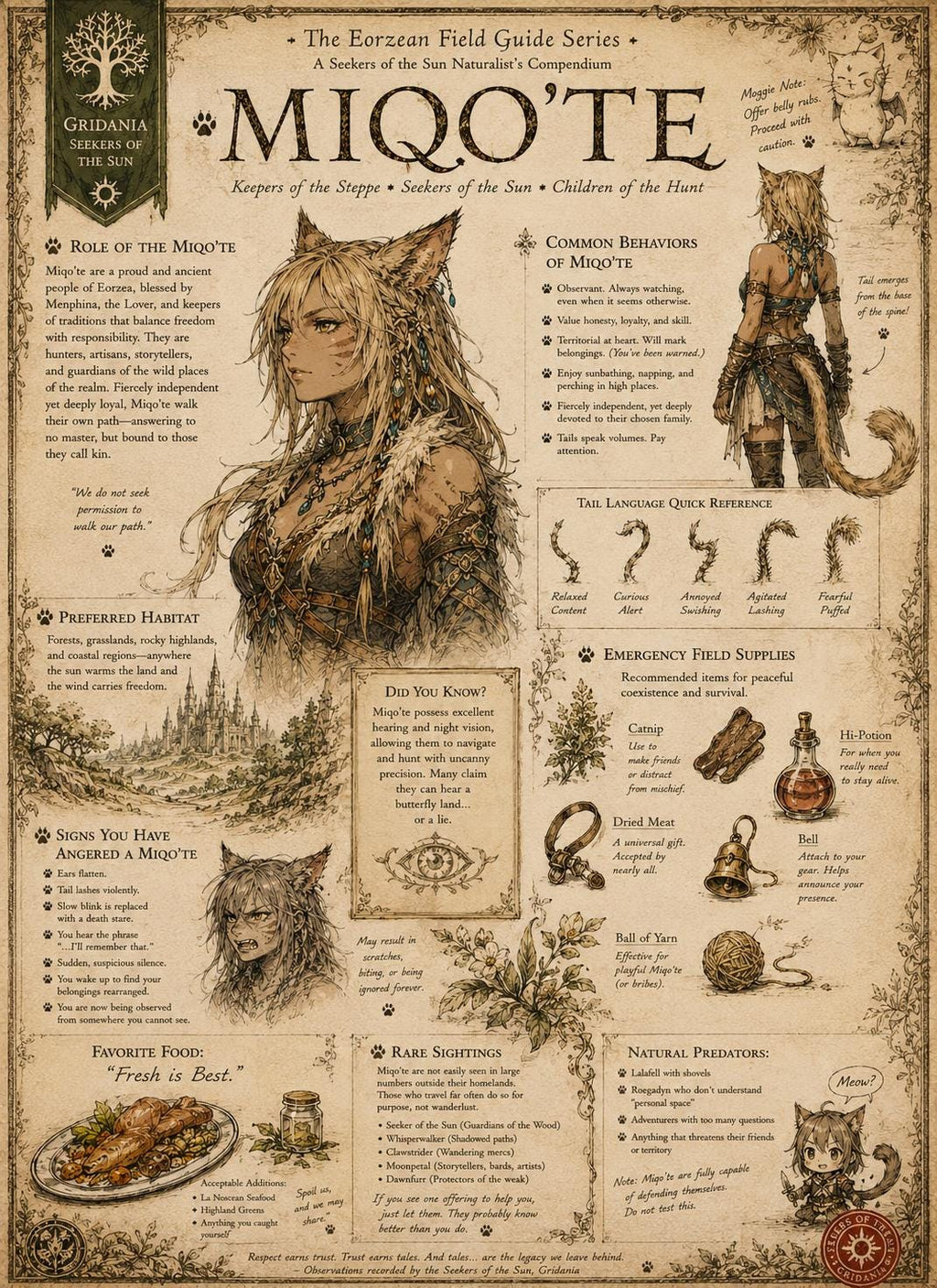 Final Fantasy Miqo'te Field Guide Print | Eorzea Inspired Wall Art , Retro Gaming Decor (16x24)