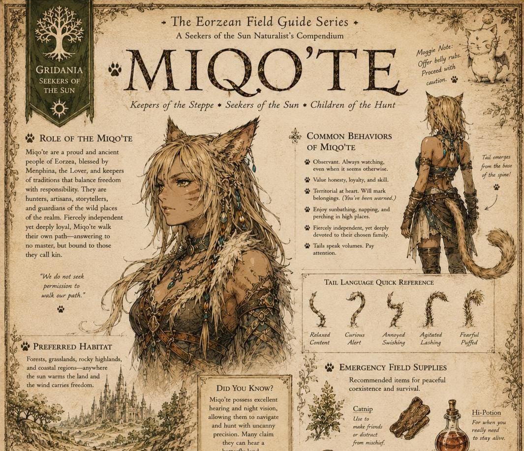 Final Fantasy Miqo'te Field Guide Print | Eorzea Inspired Wall Art , Retro Gaming Decor (16x24)