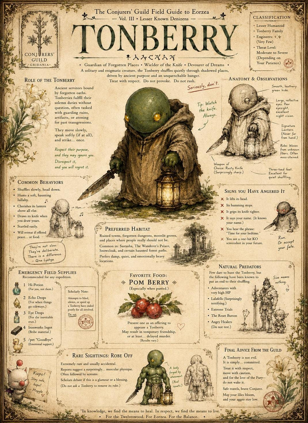 Final Fantasy Tonberry Field Guide Print | Eorzea Inspired Wall Art Retro Gaming Decor (16x24)
