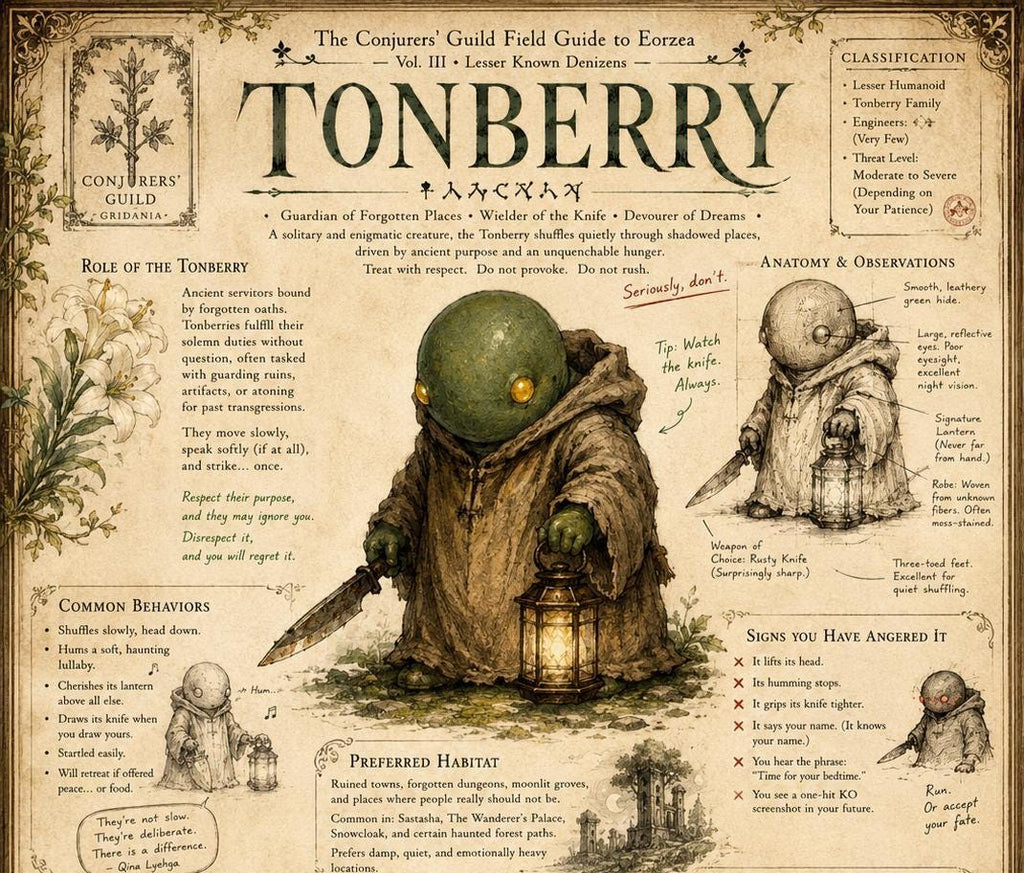 Final Fantasy Tonberry Field Guide Print | Eorzea Inspired Wall Art Retro Gaming Decor (16x24)