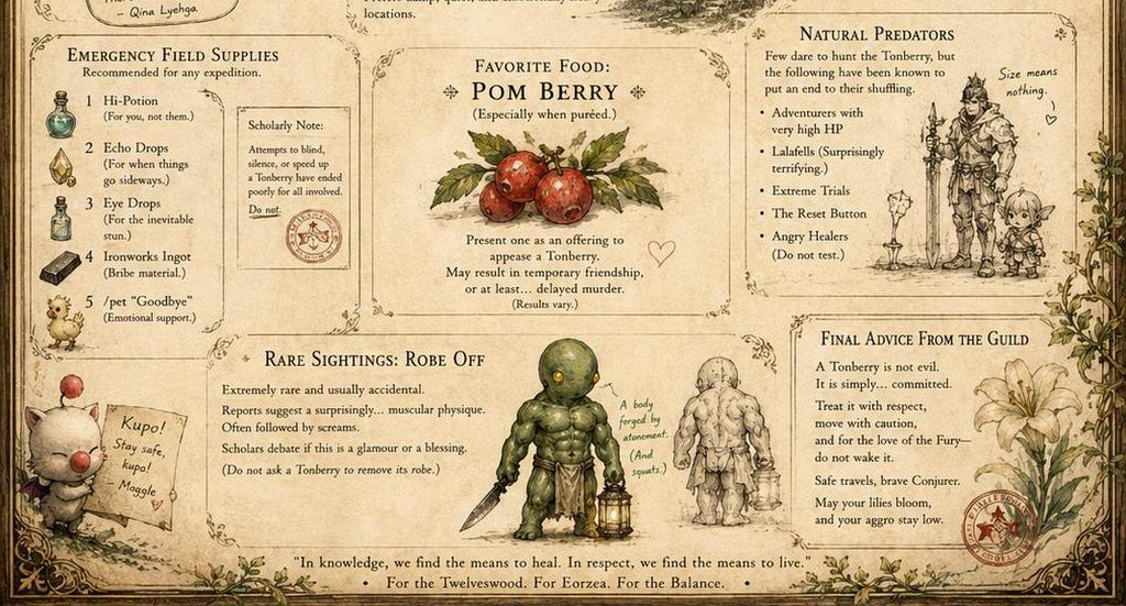 Final Fantasy Tonberry Field Guide Print | Eorzea Inspired Wall Art Retro Gaming Decor (16x24)
