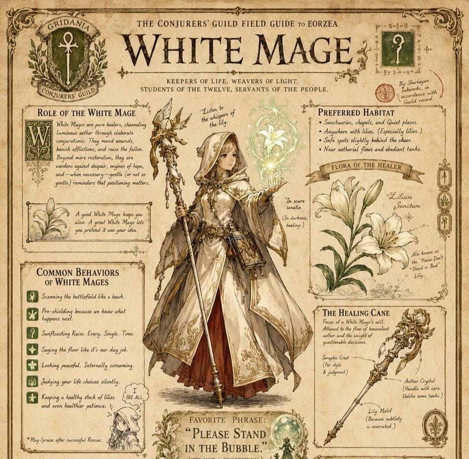 Final Fantasy XIV White Mage Field Guide Print | Eorzea Inspired Wall Art (12x24)