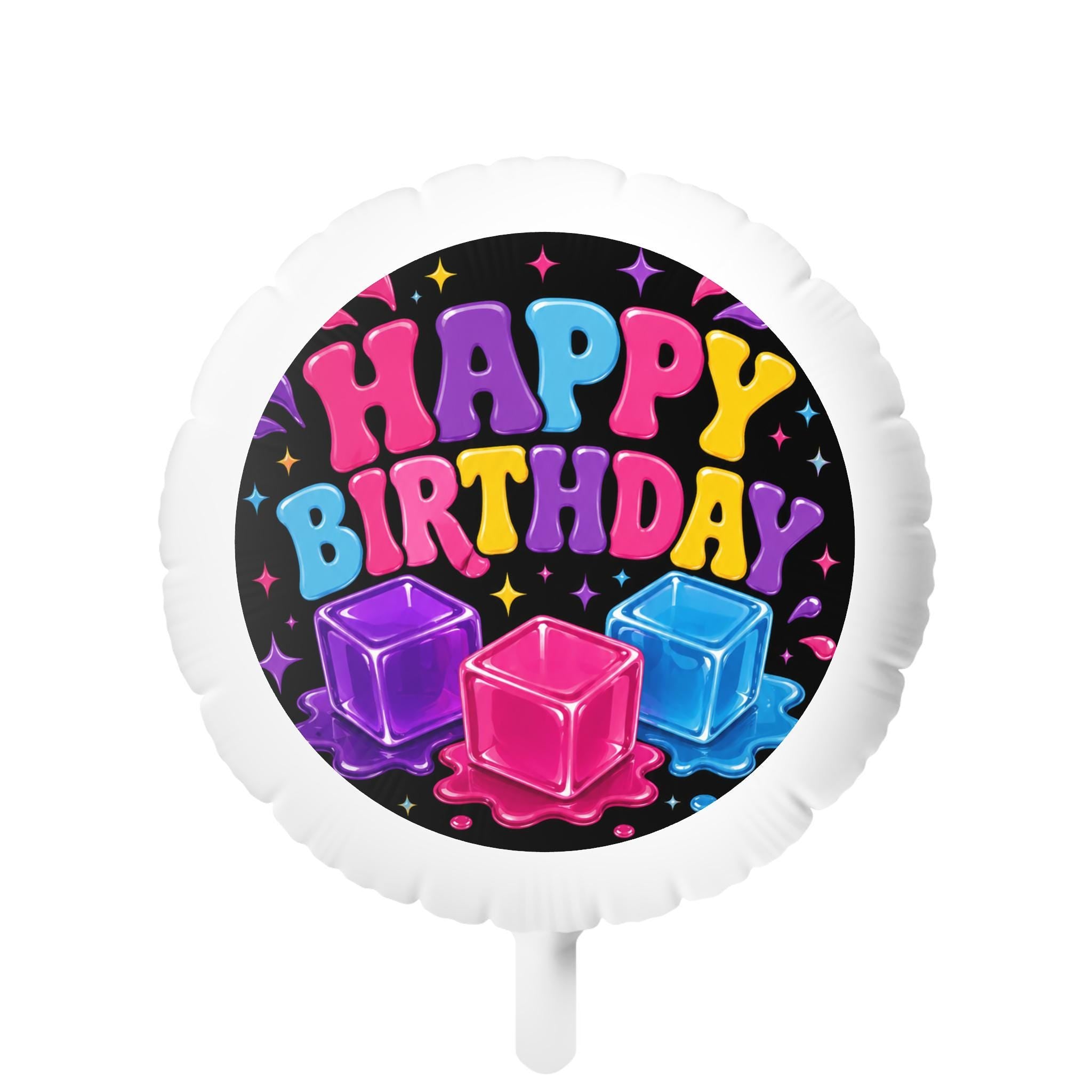Happy Birthday Neon Ice Cubes Mylar Balloon | Round Foil Balloon