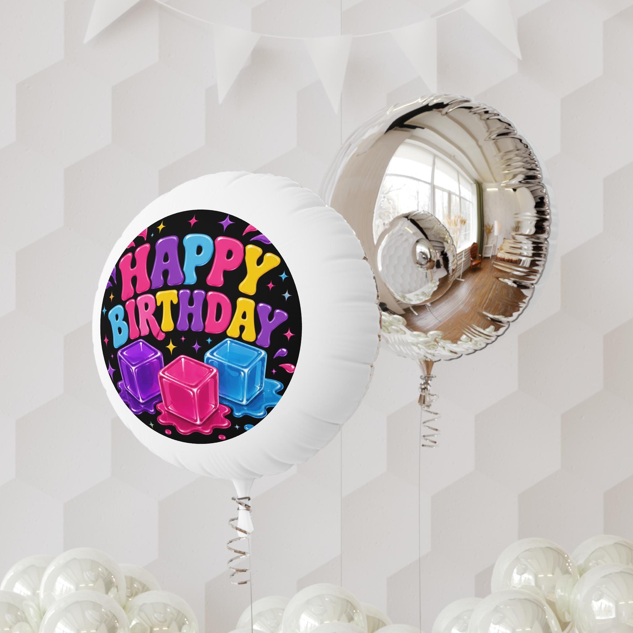 Happy Birthday Neon Ice Cubes Mylar Balloon | Round Foil Balloon