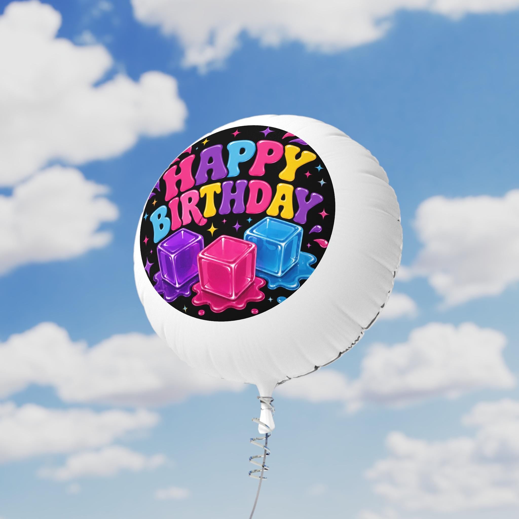 Happy Birthday Neon Ice Cubes Mylar Balloon | Round Foil Balloon