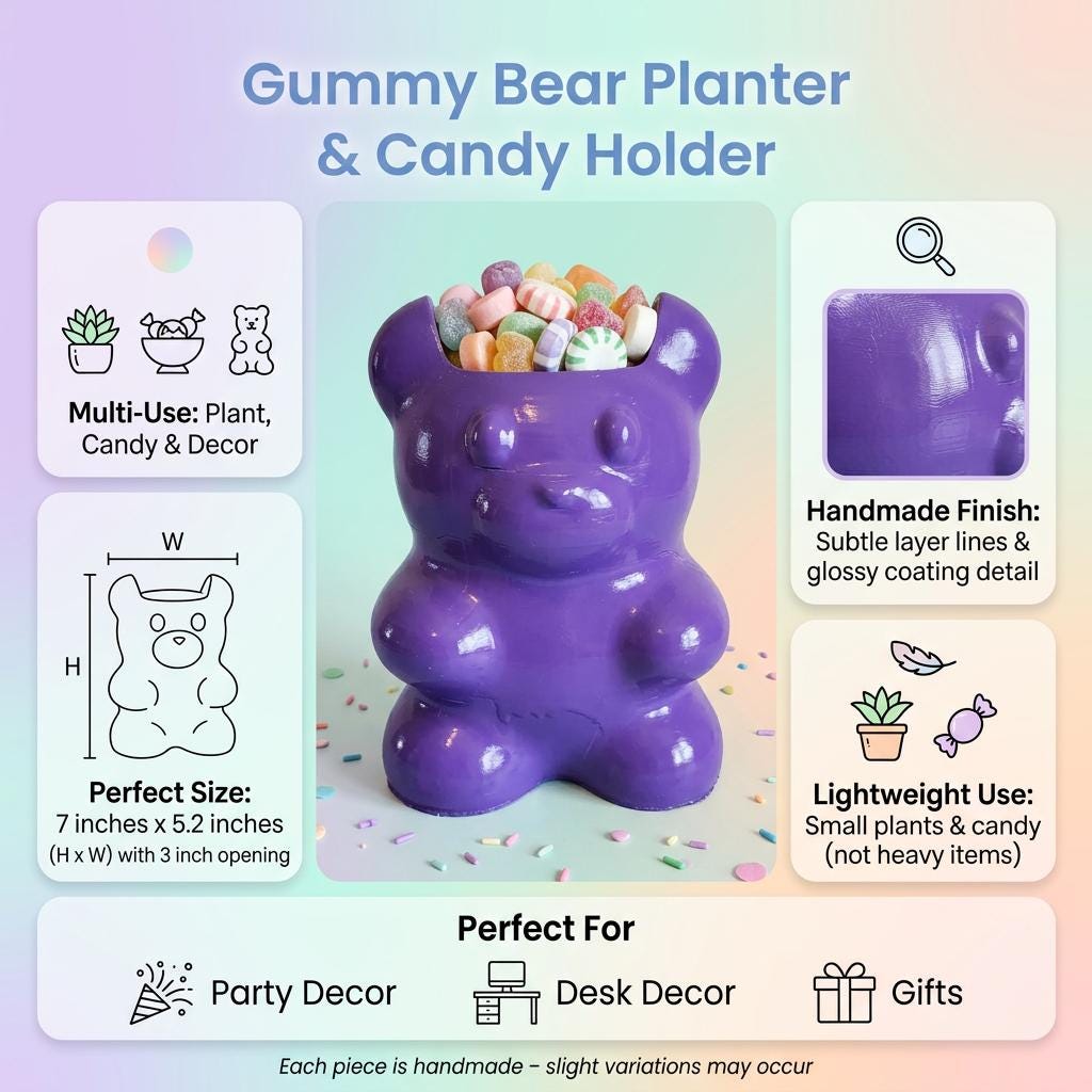 Kawaii Gummy Bear Planter Pot, Cute Candy Decor, Succulent Holder, Party Centerpiece, Pastel Room Decor, Gift Idea
