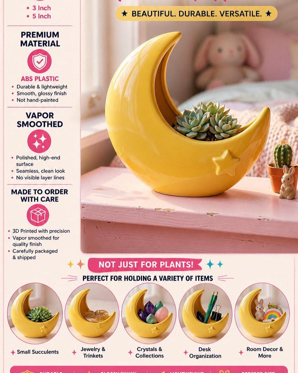 Kawaii Moon and Star Planter Pot, Cute Moon Decor, Succulent Holder, Party Centerpiece, Pastel Room Decor, Gift Idea