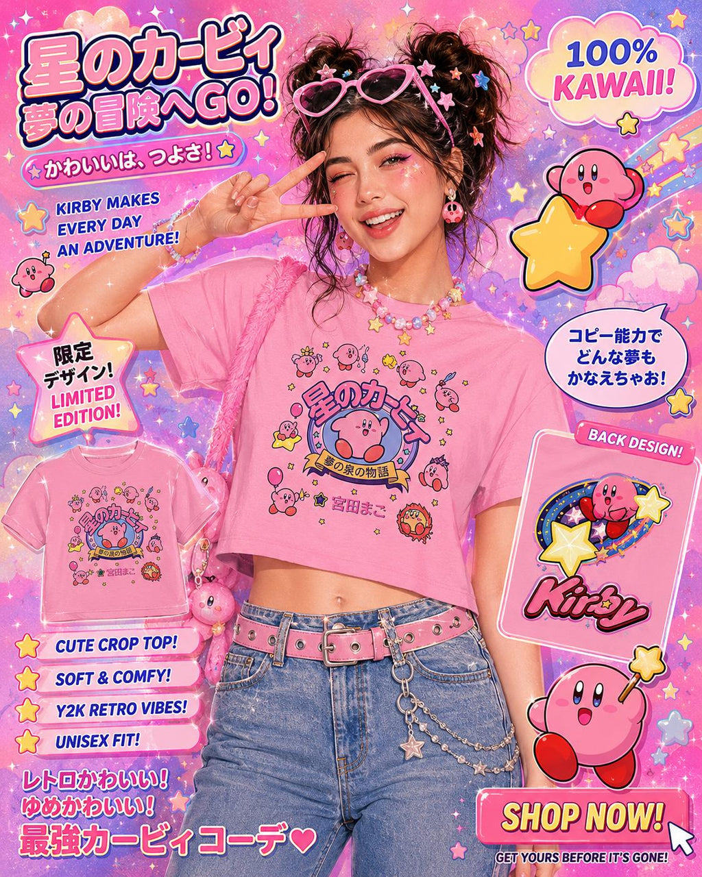 Kirby Star Cartoon Crop Tee | Retro Gamers Character Graphic Shirt - MagikaPop