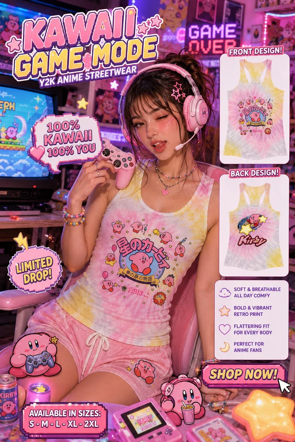 Kirby Star Characters tie dye racerback tank top | kawaii video game design - MagikaPop