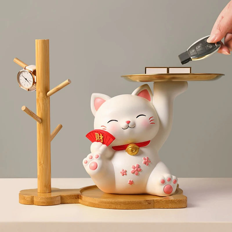 Lucky Cat Figurine with Bamboo Tray Stand, Resin Maneki Neko Decorative Storage Holder Key Plate Doorway Centerpiece