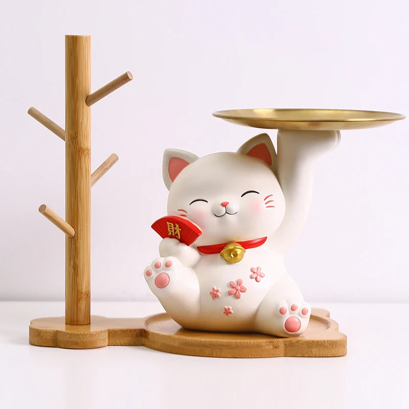 Lucky Cat Figurine with Bamboo Tray Stand, Resin Maneki Neko Decorative Storage Holder Key Plate Doorway Centerpiece