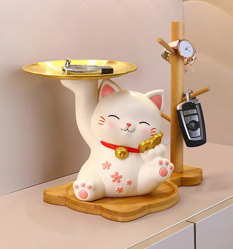 Lucky Cat Figurine with Bamboo Tray Stand, Resin Maneki Neko Decorative Storage Holder Key Plate Doorway Centerpiece