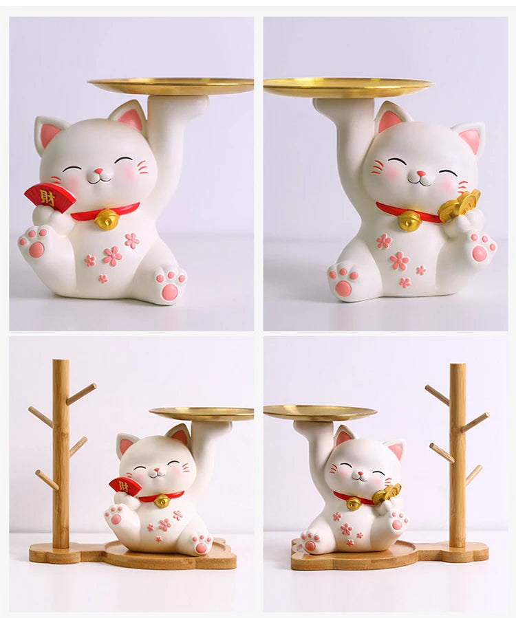 Lucky Cat Figurine with Bamboo Tray Stand, Resin Maneki Neko Decorative Storage Holder Key Plate Doorway Centerpiece