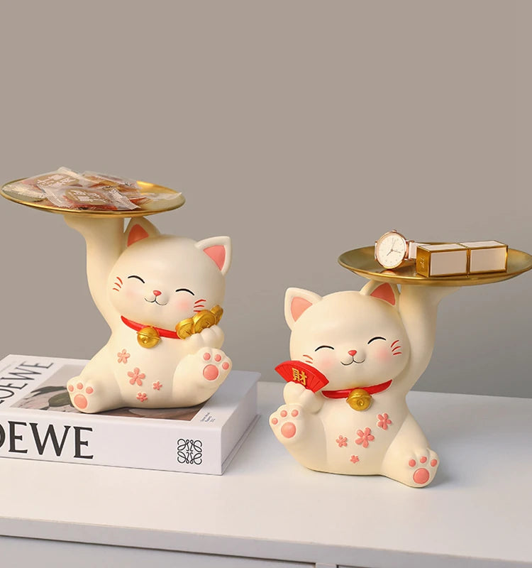Lucky Cat Figurine with Bamboo Tray Stand, Resin Maneki Neko Decorative Storage Holder Key Plate Doorway Centerpiece