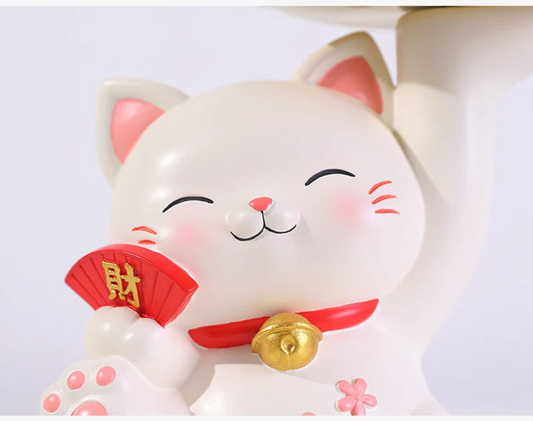 Lucky Cat Figurine with Bamboo Tray Stand, Resin Maneki Neko Decorative Storage Holder Key Plate Doorway Centerpiece