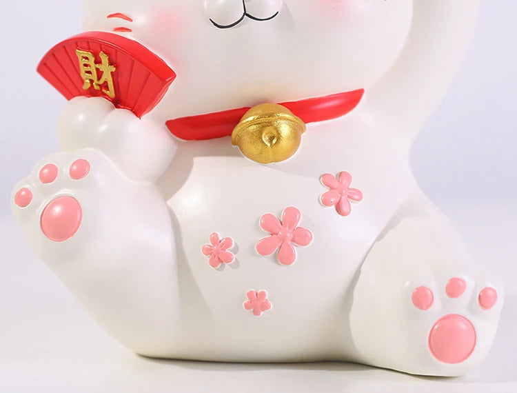 Lucky Cat Figurine with Bamboo Tray Stand, Resin Maneki Neko Decorative Storage Holder Key Plate Doorway Centerpiece