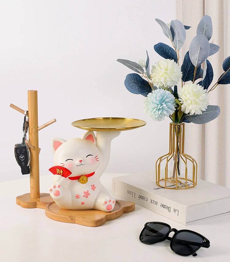 Lucky Cat Figurine with Bamboo Tray Stand, Resin Maneki Neko Decorative Storage Holder Key Plate Doorway Centerpiece