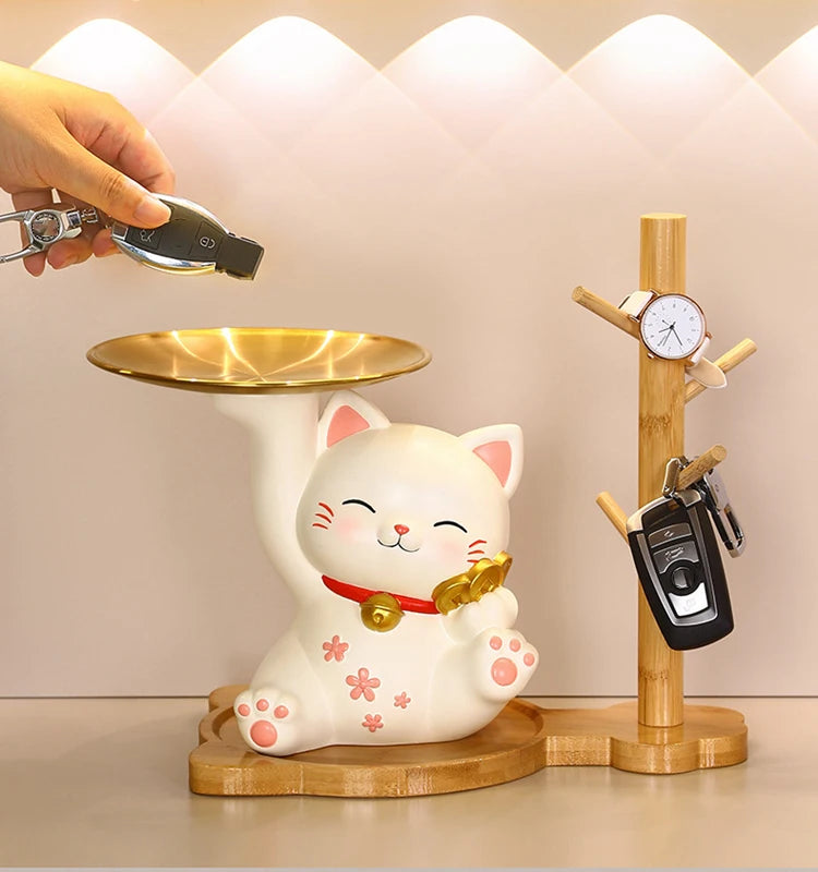 Lucky Cat Figurine with Bamboo Tray Stand, Resin Maneki Neko Decorative Storage Holder Key Plate Doorway Centerpiece