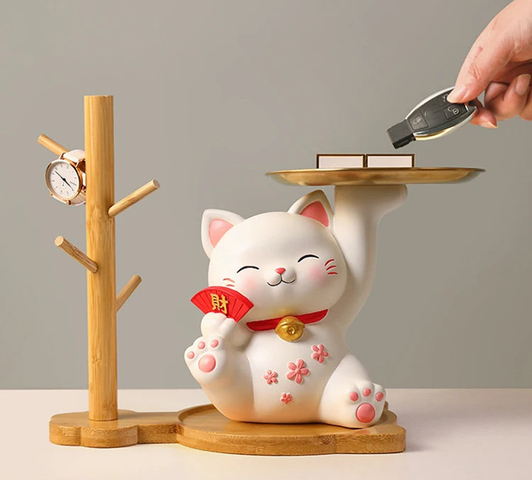 Lucky Cat Figurine with Bamboo Tray Stand, Resin Maneki Neko Decorative Storage Holder Key Plate Doorway Centerpiece