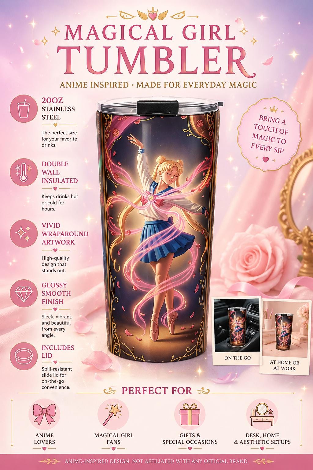 Magical Girl Tumbler – Anime Inspired 20oz Stainless Steel Cup – Pink Fantasy Drinkware – Cute Aesthetic Travel Mug Gift