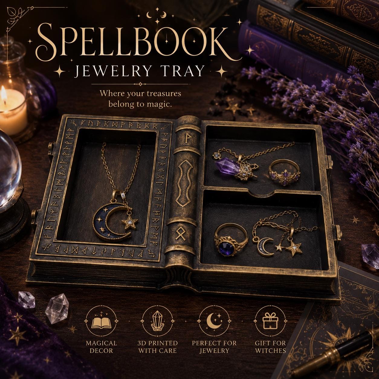 Magical Spell Book Shaped Jewelry Tray, 3D Printed, Decorative Ring Holder, Gift for Her, Vanity Organizer