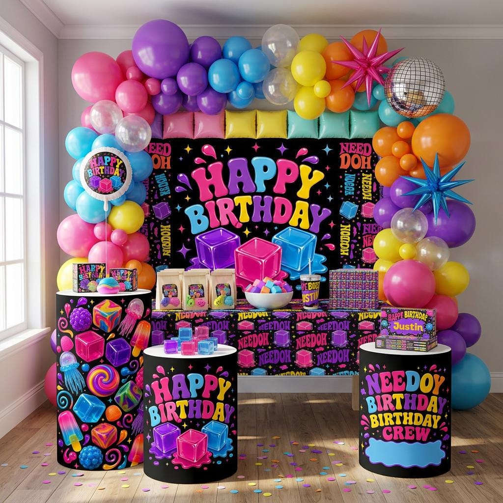 Neon Comic Pop Art , Tablecloth | Vibrant Repeating Word Pattern, Needoh Party