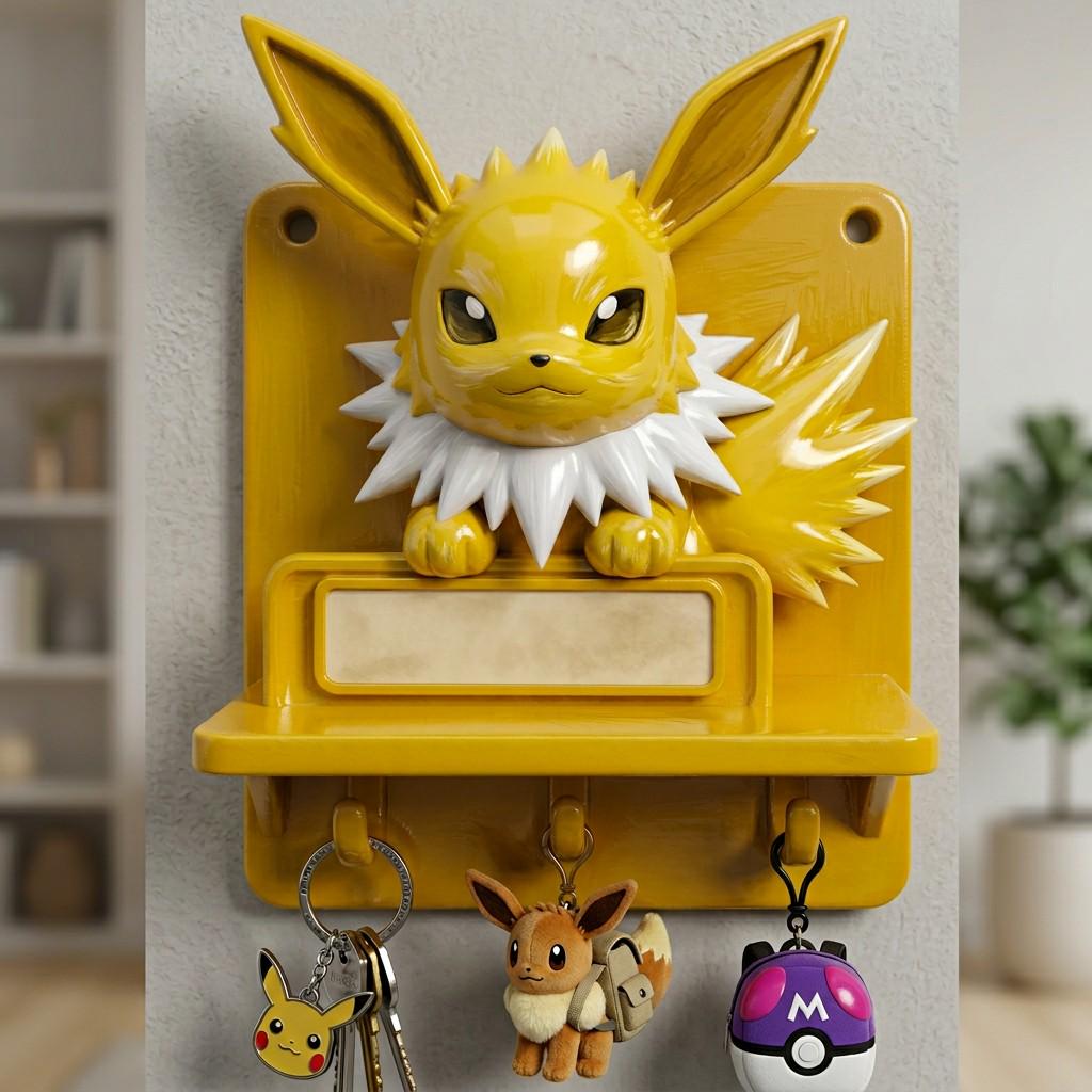 Personalized Eevee Shelf with Hooks, 3D Printed Wall Art, Kawaii Decor Garage Kit