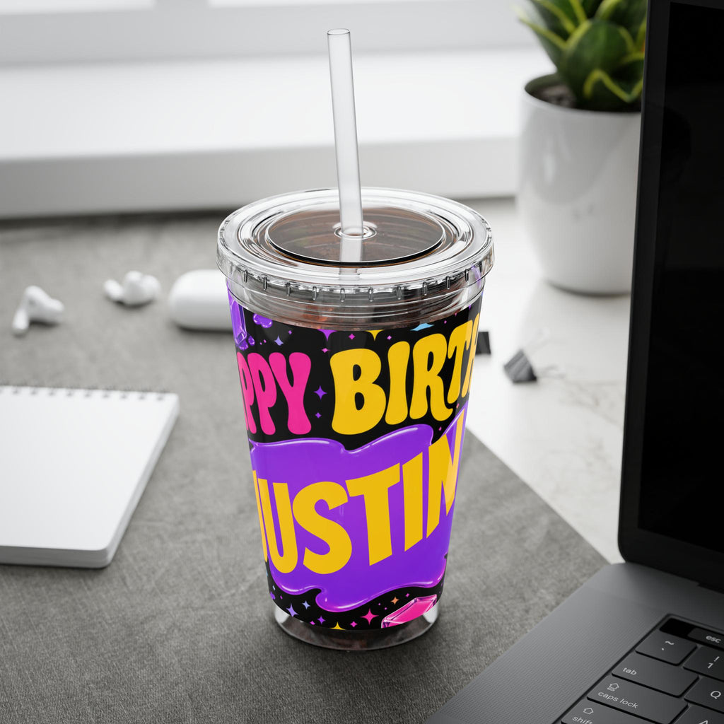 Personalized Gift, Happy Birthday , Viral Cube Gel Party Purple Splash Tumbler Party Favor, Custom Party Favor, Needoh Party