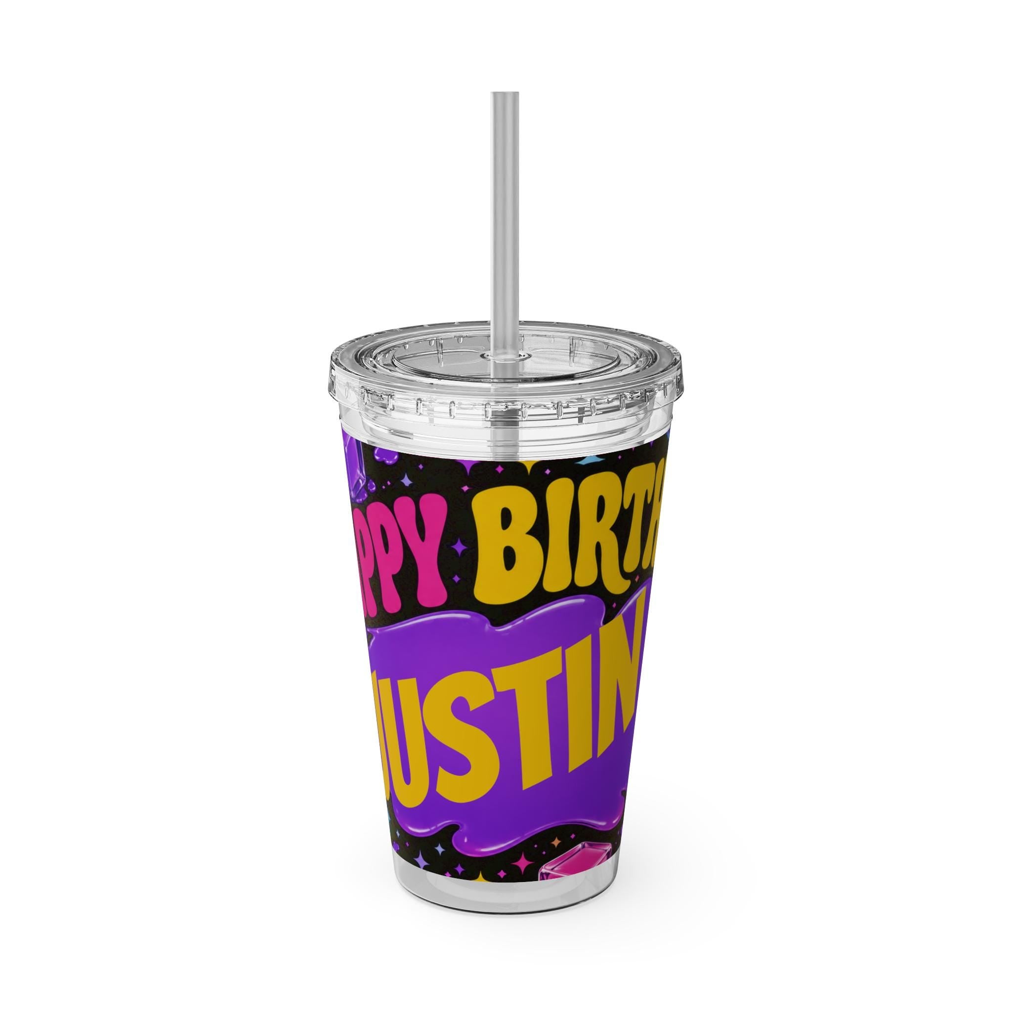 Personalized Gift, Happy Birthday , Viral Cube Gel Party Purple Splash Tumbler Party Favor, Custom Party Favor, Needoh Party