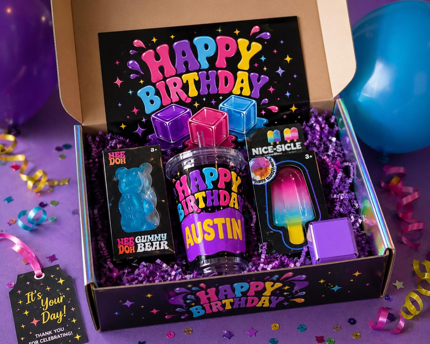 Personalized Gift Sets Kids Party Birthday – Squishy Sensory Stress, Viral Gel Cube (Set), Custom Name Gift, GenZ Favorites