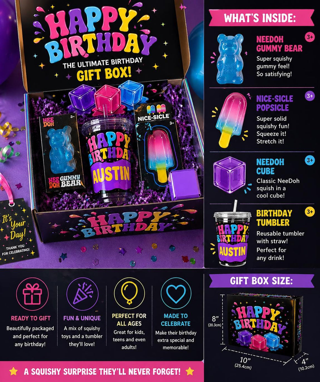 Personalized Gift Sets Kids Party Birthday – Squishy Sensory Stress, Viral Gel Cube (Set), Custom Name Gift, GenZ Favorites